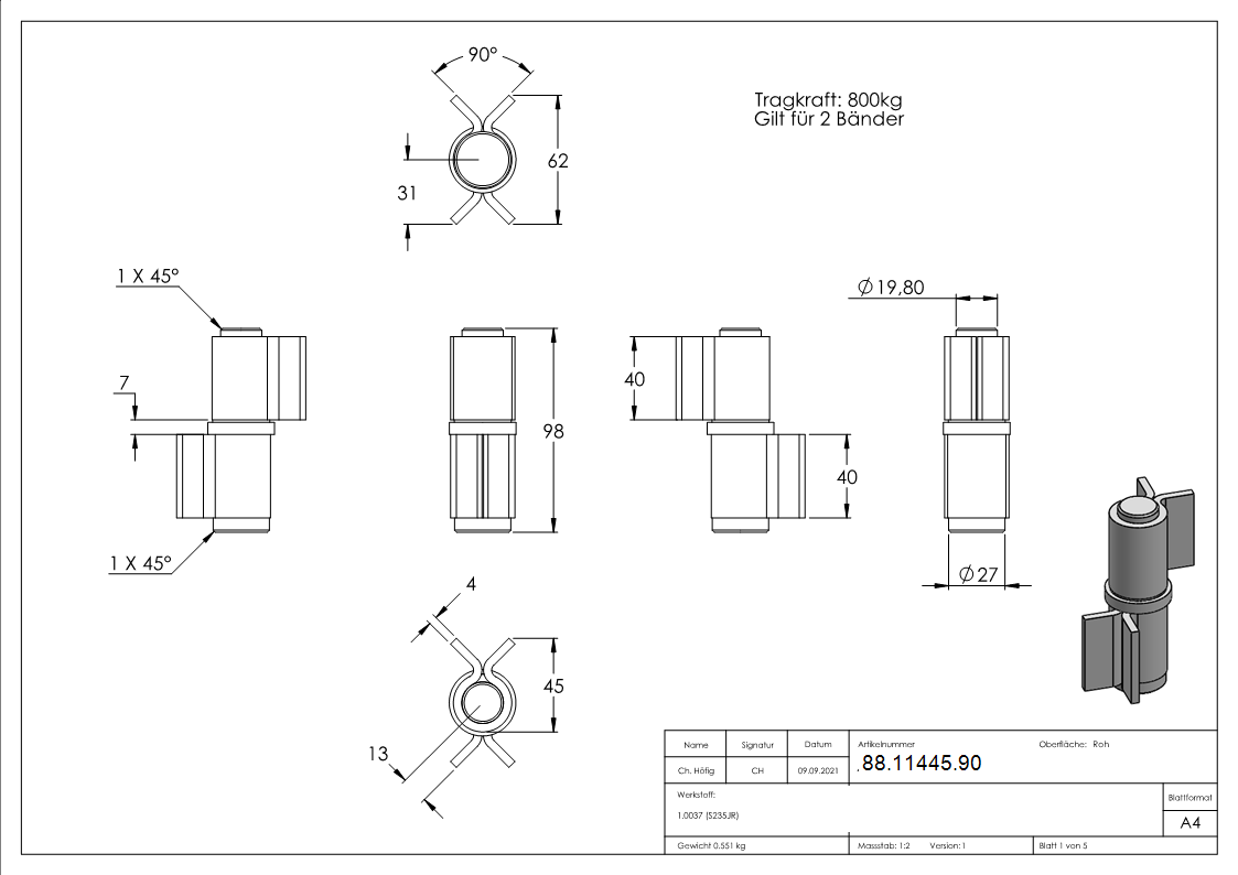 Charnière d'angle, 2 pièces, axe libre avec roulement à billes