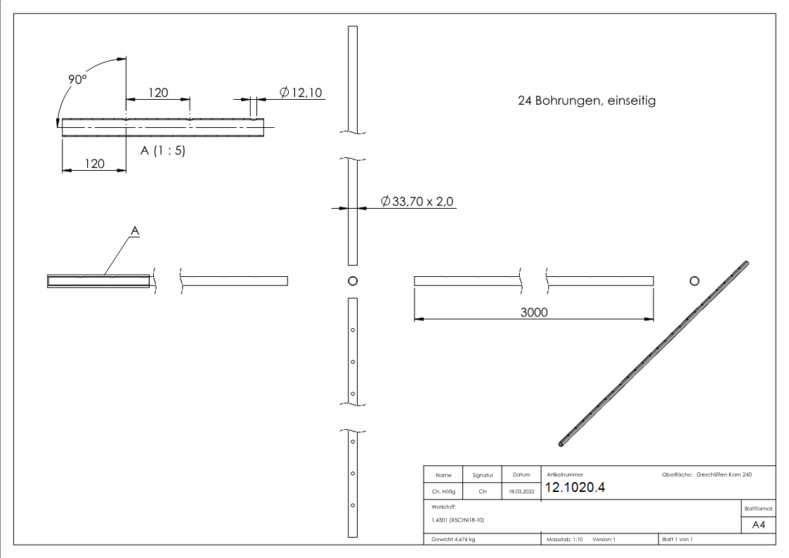Tube rond Ø 33,7 x 2,0 mm perforé d'un côté á 3 m