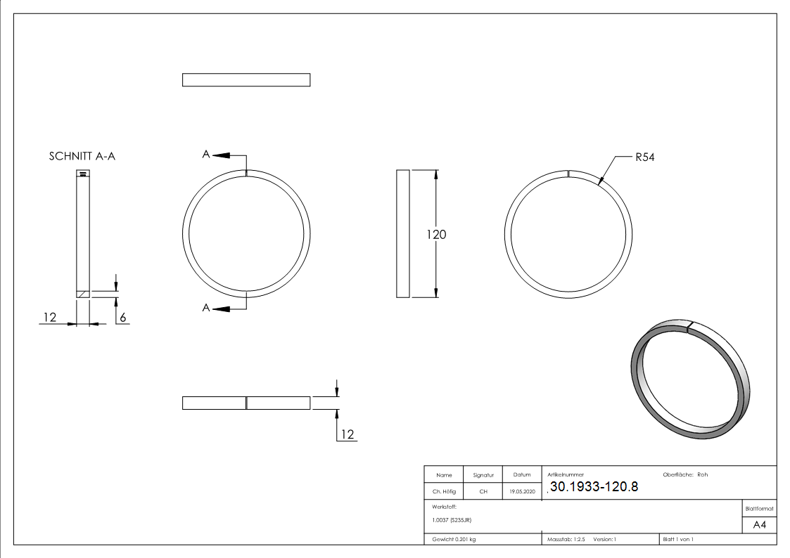 Anneau | Matériau : 12x6 mm | Ø extérieur 120 mm | Acier S235JR, brut