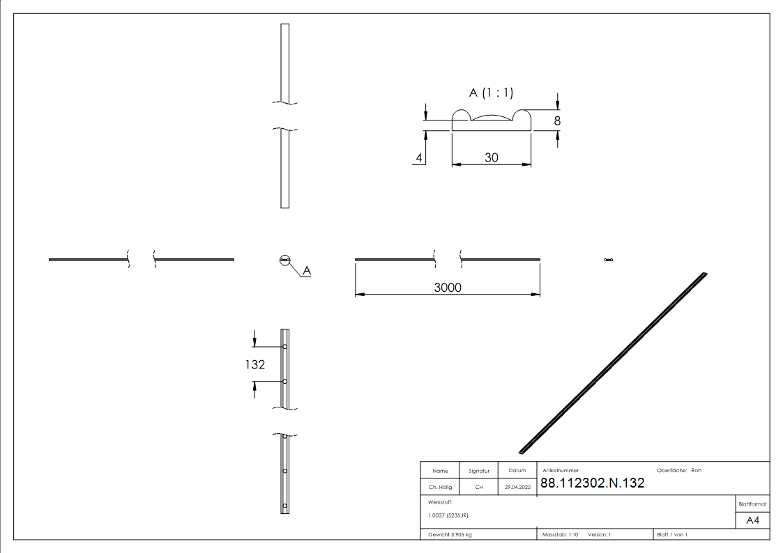 Fer Hespène S235JR ; 30x8x4mm ; longueur 3000mm