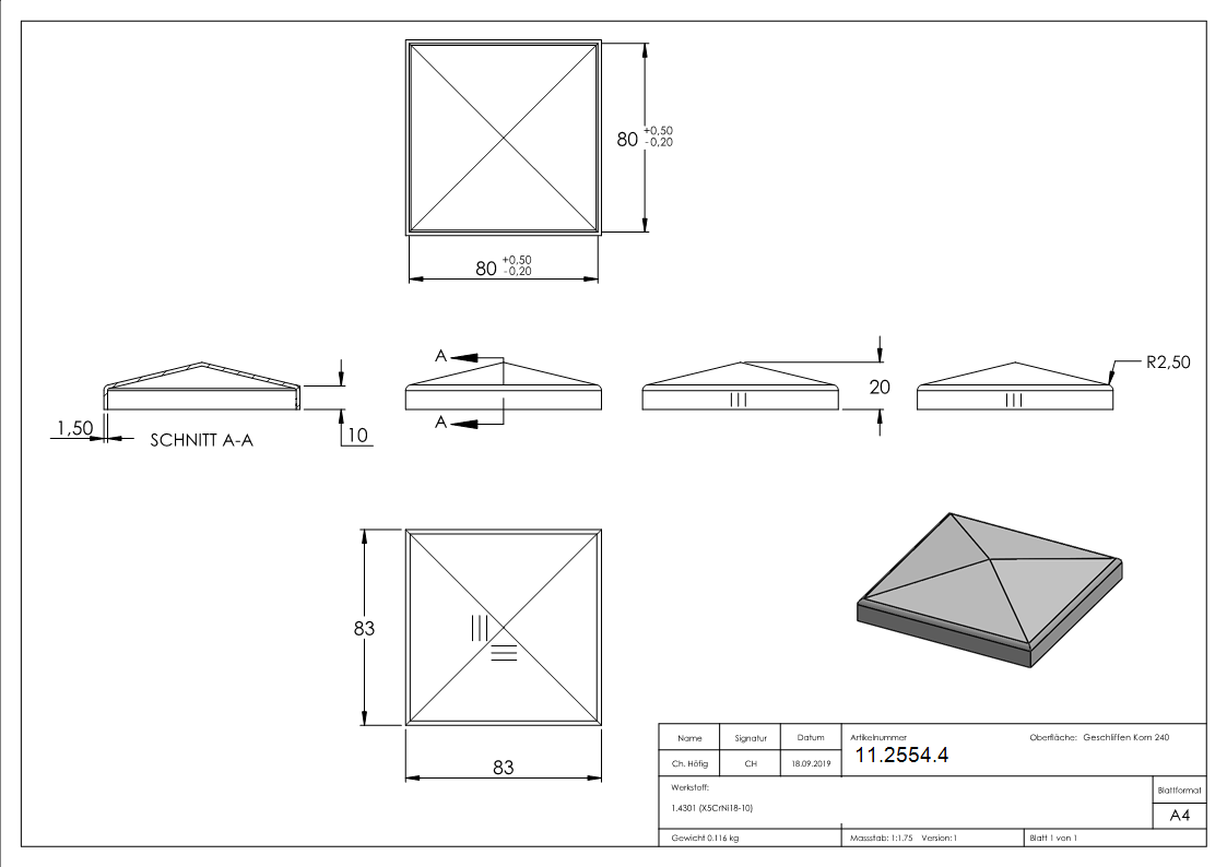 Capuchon de poteau pour tuyau 80x80 mm V2A