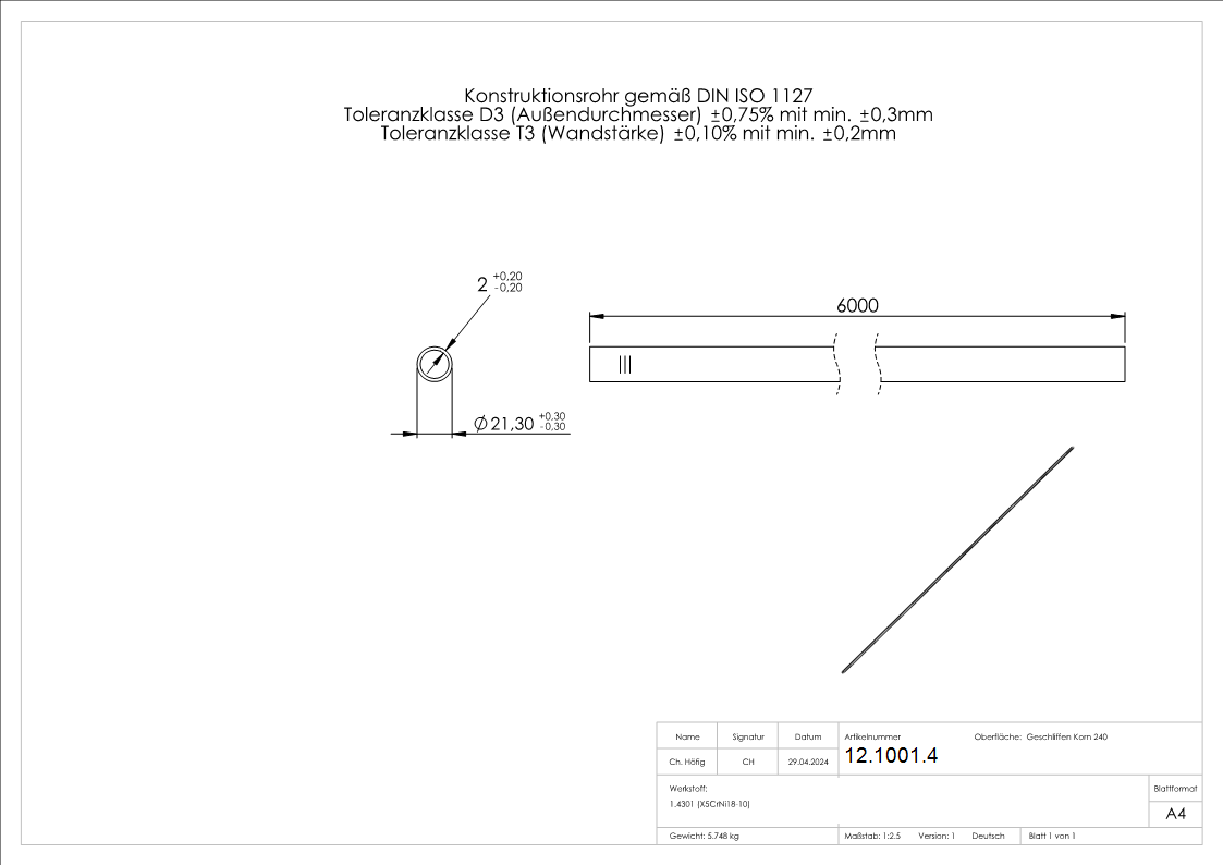 Tube rond Ø 21,3x2,0 mm á 6 m V2A