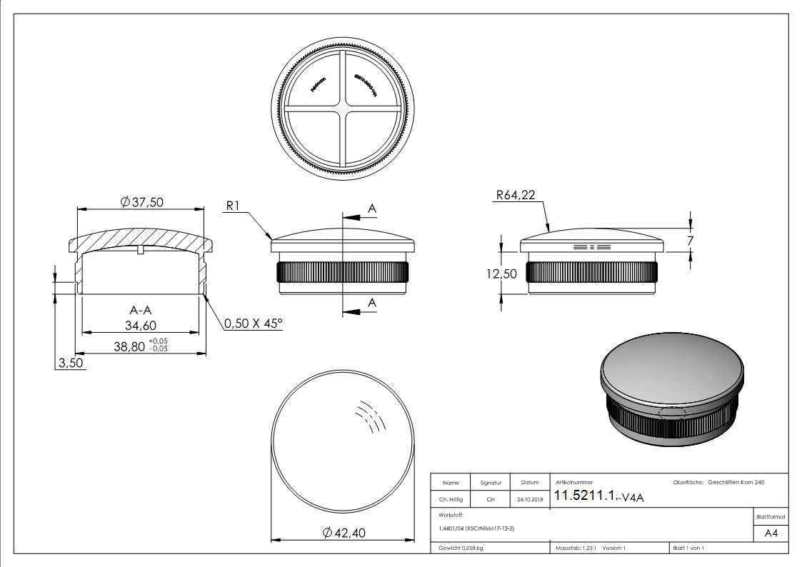 Bouchon légèrement bombé V4A coulé pour Ø 42.4x2.0 mm