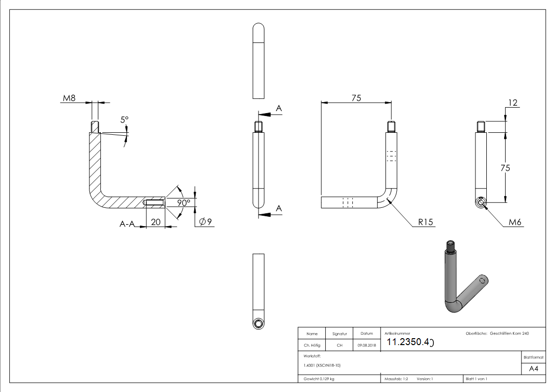 Equerre | Ø 12 mm | avec filetage intérieur et extérieur | V2A