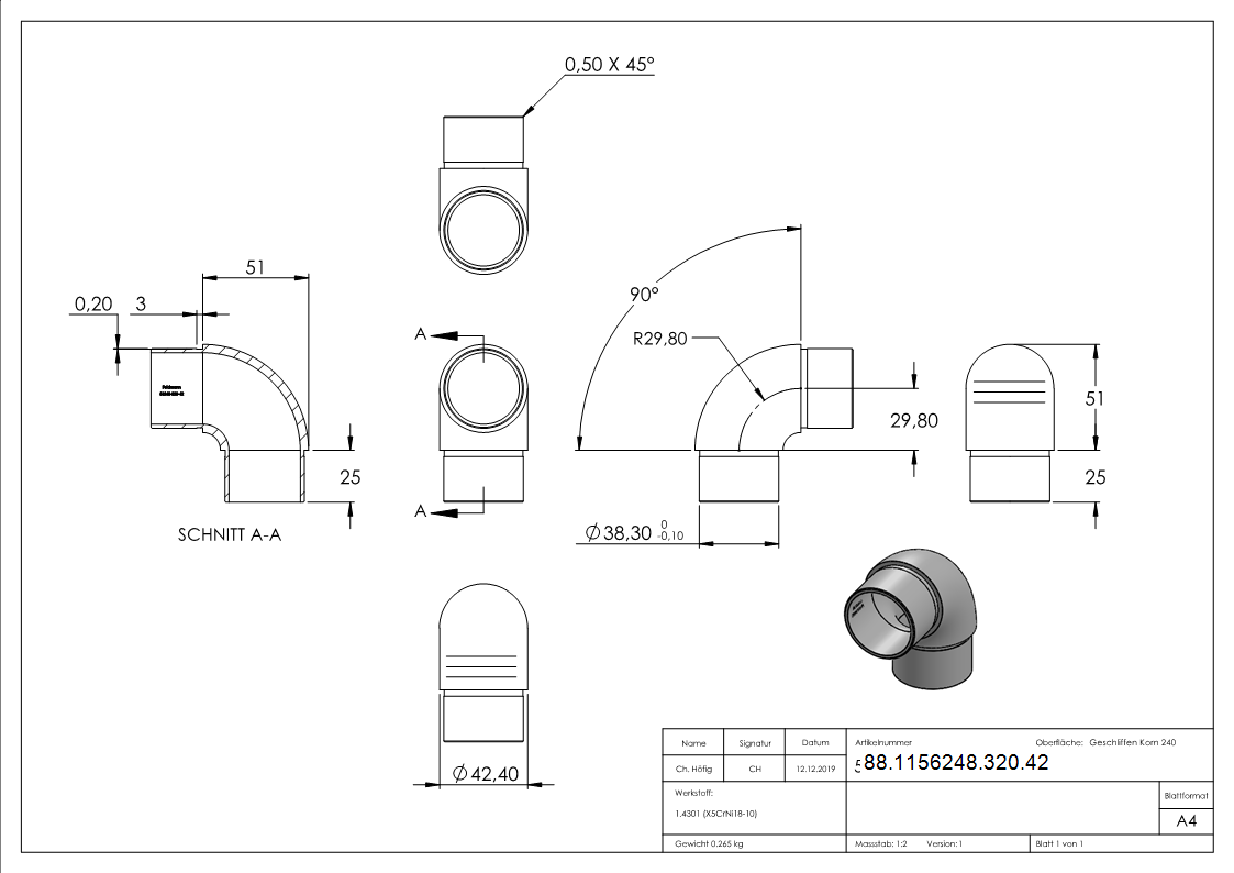 Coude 90° étroit, pour tube 42.4 x 2.0mm