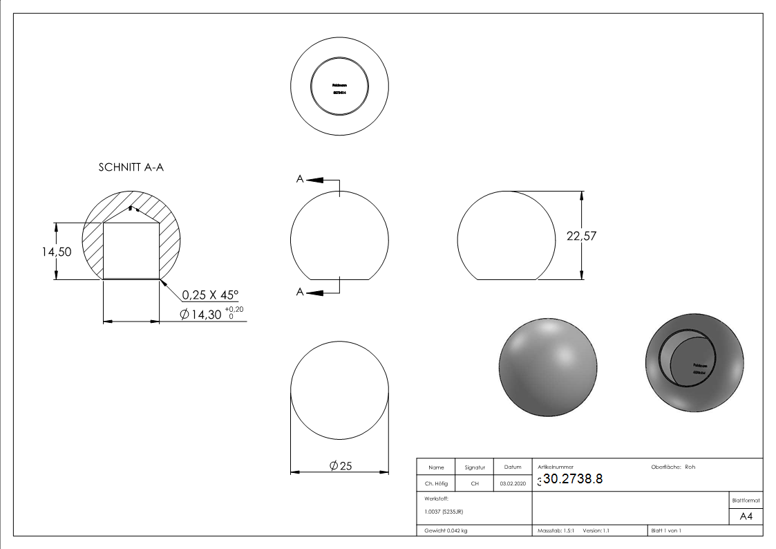 Boule Ø 25 mm | avec trou borgne 14,2 mm | acier S235JR, brut