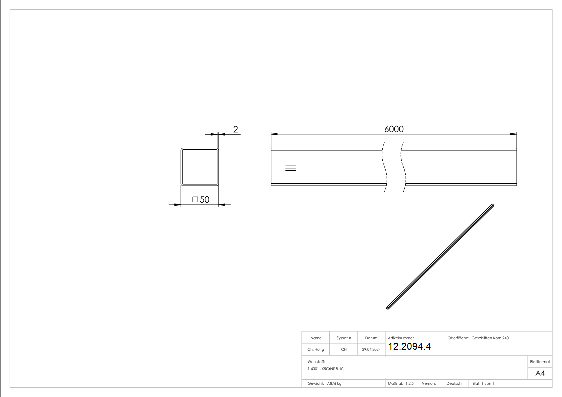 Tube carré 50x50x2,0 mm á 6 m V2A