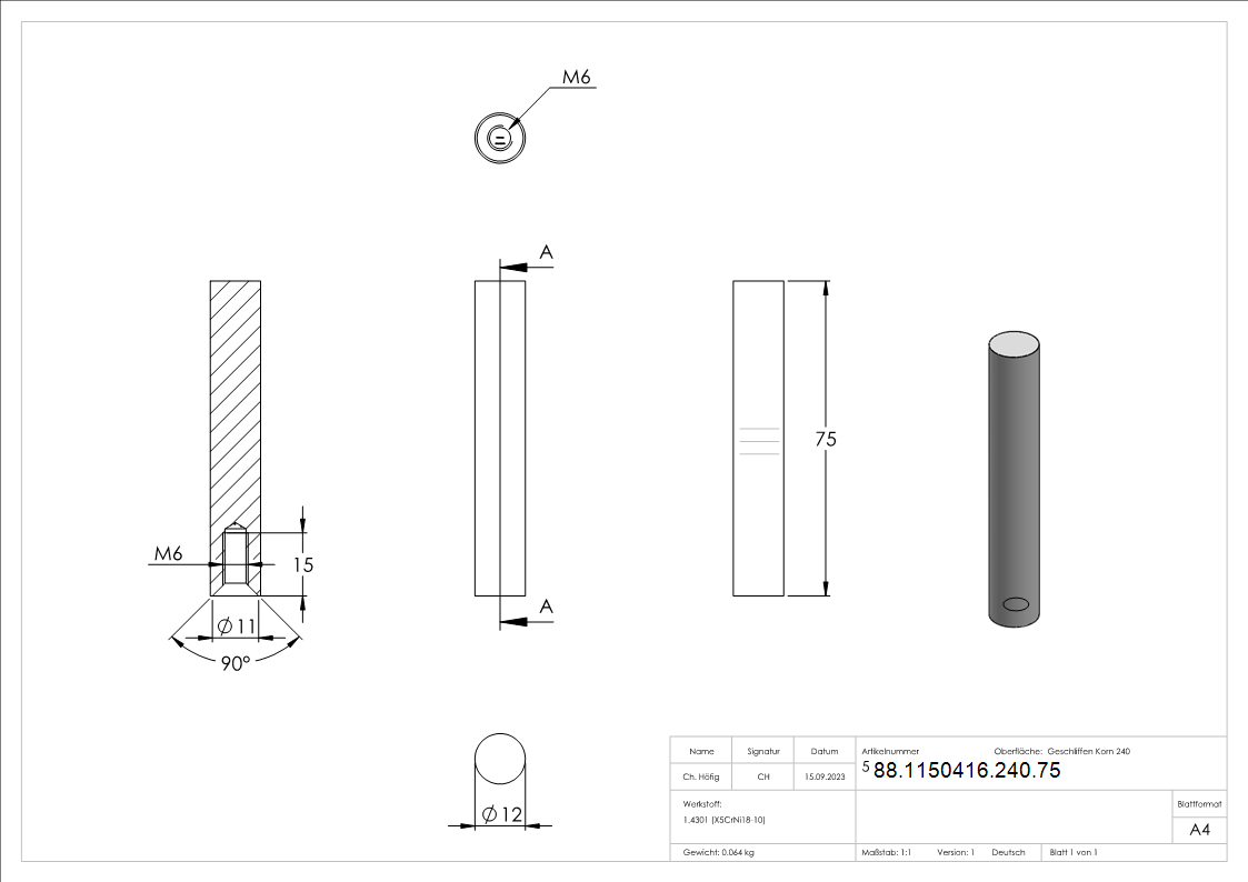 Broche Ø 12mm, longueur : 75mm, avec filetage femelle, V2A